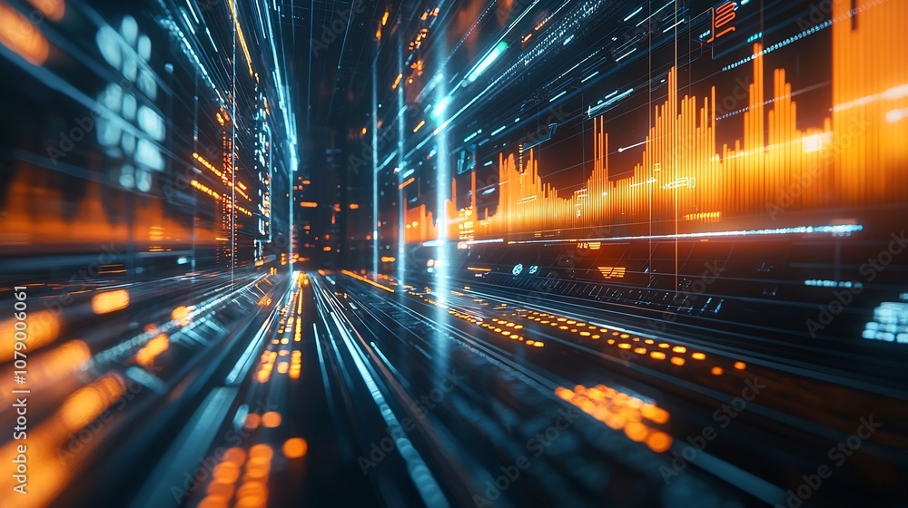 Poster pulsing 3d line graph in futuristic high tech dashboard interface