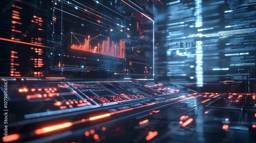 Poster futuristic data dashboard with 3d glowing line graph pulsing in high tech environment