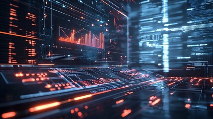 Futuristic Data Dashboard with 3D Glowing Line Graph Pulsing in High Tech Environment