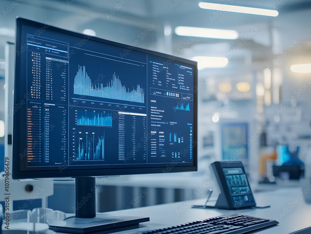 Aufkleber Modern Data Analysis Dashboard Displaying Financial Charts and Graphs with Numeric Data in a Bright Tech Laboratory Environment