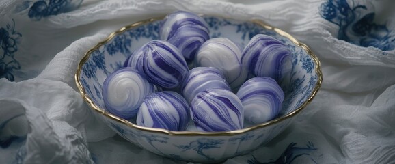 Blue and White Marbled Candy in a Porcelain Bowl