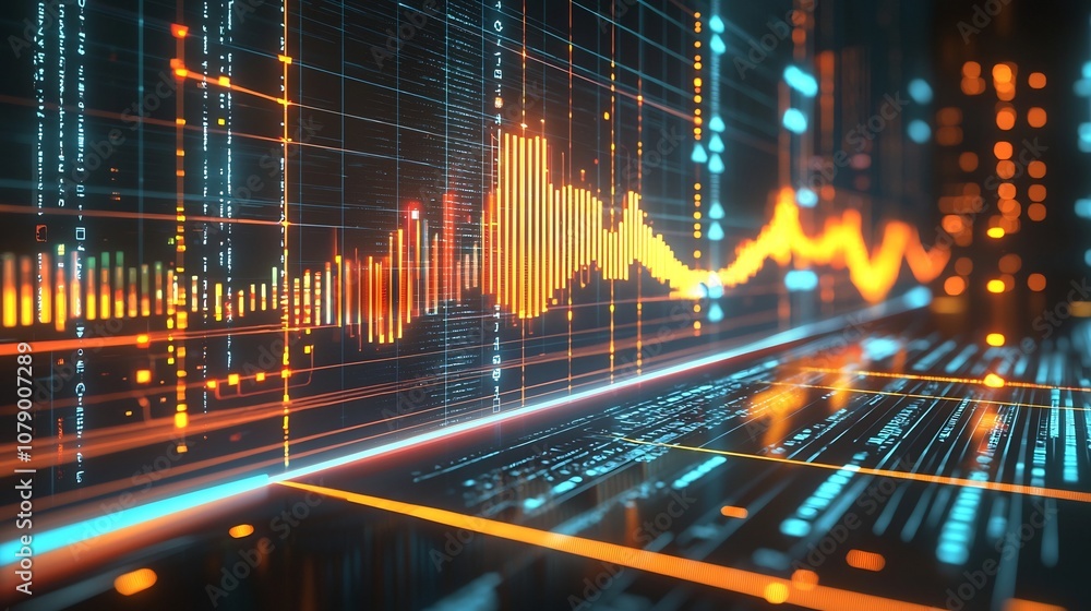 Poster futuristic glowing 3d line graph dashboard displaying real time market data and analytics in high te
