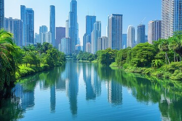 Fototapeta premium View of a vibrant city skyline reflecting in a tranquil river surrounded by lush greenery under a clear blue sky