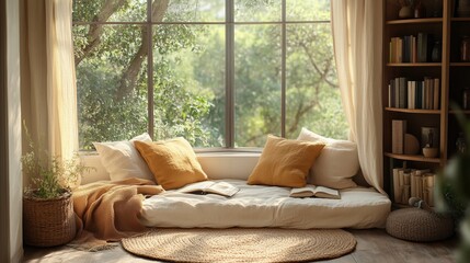 Fototapeta premium Cozy Reading Nook by Large Window with Nature View