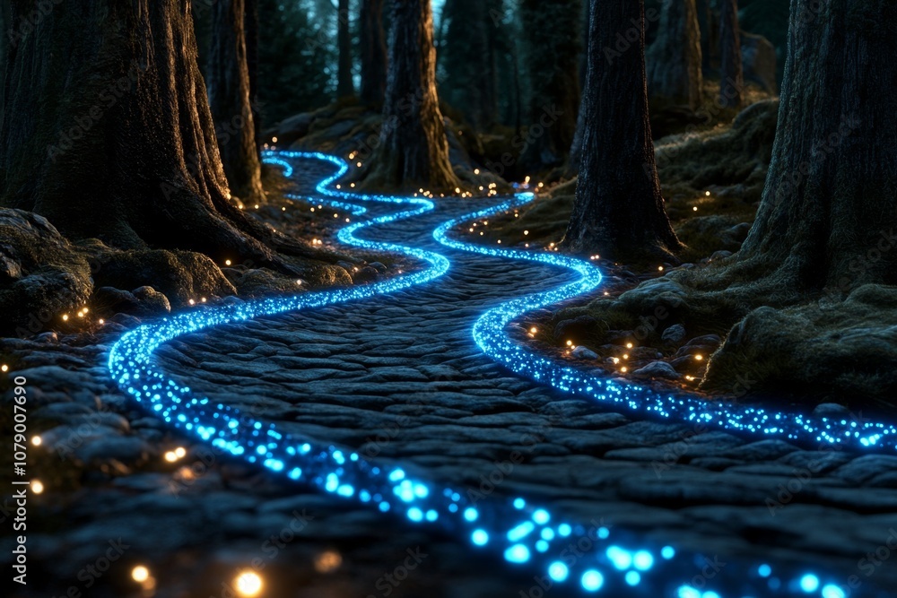 Poster magical forest connected by glowing, ethereal lines representing a mystical network of nature