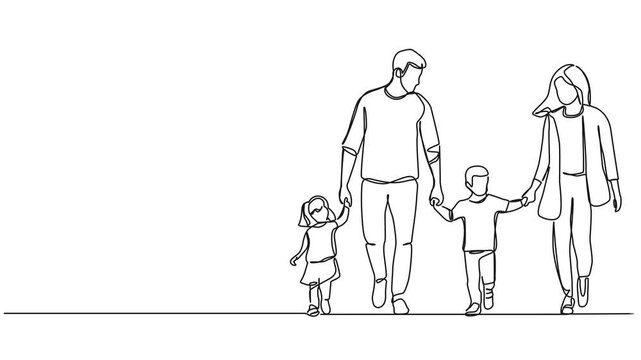 animated continuous single line drawing of mom and dad with two kids walking hand in hand, line art animation
