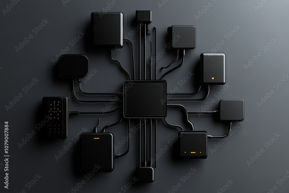 Poster Minimalist icon of multiple devices connected by lines, representing a home network setup