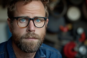 A close-up of a man with glasses and a beard, showcasing a focused expression in a workshop setting