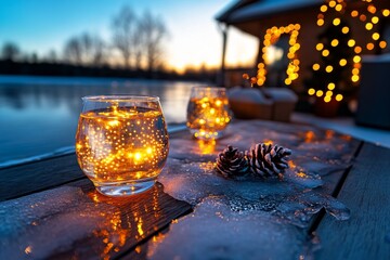 Outdoor Christmas lights reflecting on icy patches, creating a dreamy holiday setting