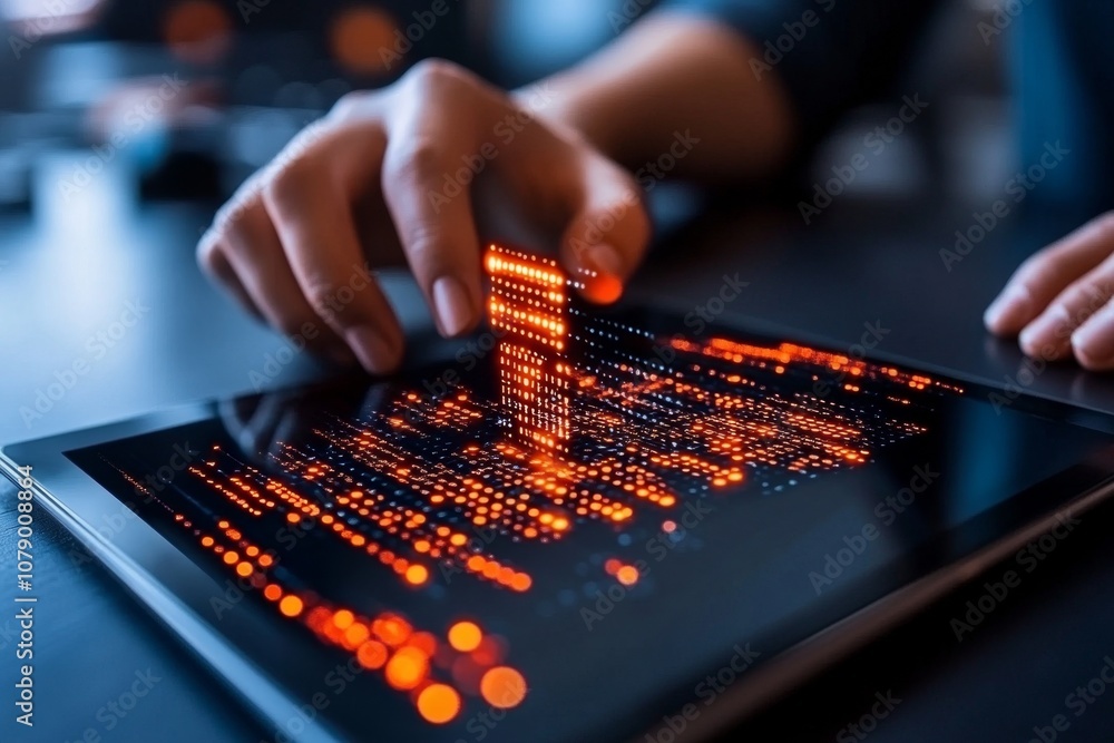 Poster Person accessing a network on a tablet, with a digital interface overlay showing data flow
