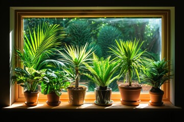 Obraz premium Various potted indoor plants arranged on a sunny windowsill in a cozy room during daylight hours