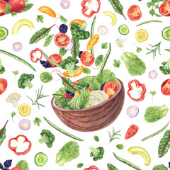 Flying cutting salad vegetable ingredients in wooden bowl watercolor seamless pattern. Red, yellow tomatoes, broccoli, cauliflower, onions, beans, and green herb leaves. Healthy food for recipe design