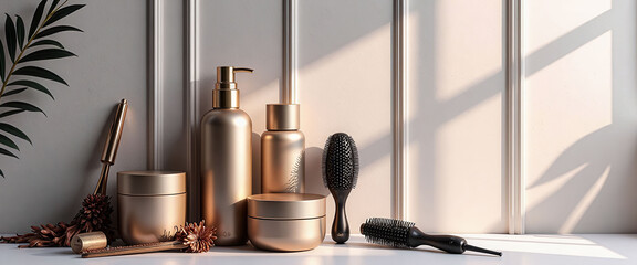 A collection of beauty products are displayed on a shelf, including a bottle of perfume, a bottle of lotion, and a bottle of shampoo. The products are arranged in a visually appealing manner