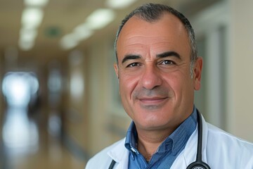 Portrait of a confident doctor in a hospital hallway during daytime, highlighting professionalism and care for patients