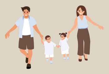 Naklejka premium A family of father, mother and child walking hand in hand.