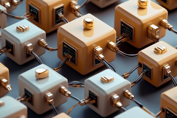 Retro-inspired illustration of connected computers forming an early internet network in muted colors