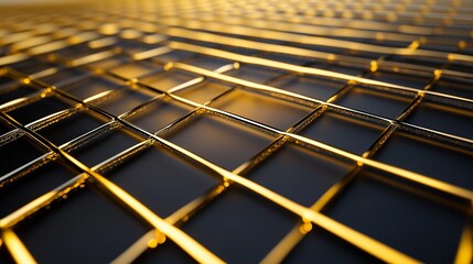 A sophisticated gold mesh grid overlaid on a matte black surface, where light bounces off the gold accents, creating a sleek, contemporary 3D effect.