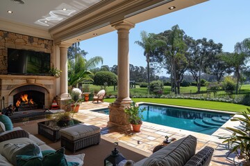 Fototapeta premium Luxurious outdoor lounge with a pool overlooking lush green lawn and palm trees during a sunny day