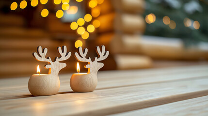 Christmas and wooden reindeer concept. Reindeer shaped wooden candle holders casting warm light