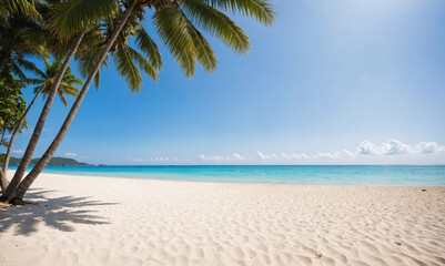 Obraz premium A palm tree casts a shadow on a white sand beach with turquoise water and a blue sky
