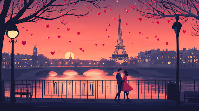 Minimalistic romantic paris cartoon, for valentine's day. Romantic. Illustration