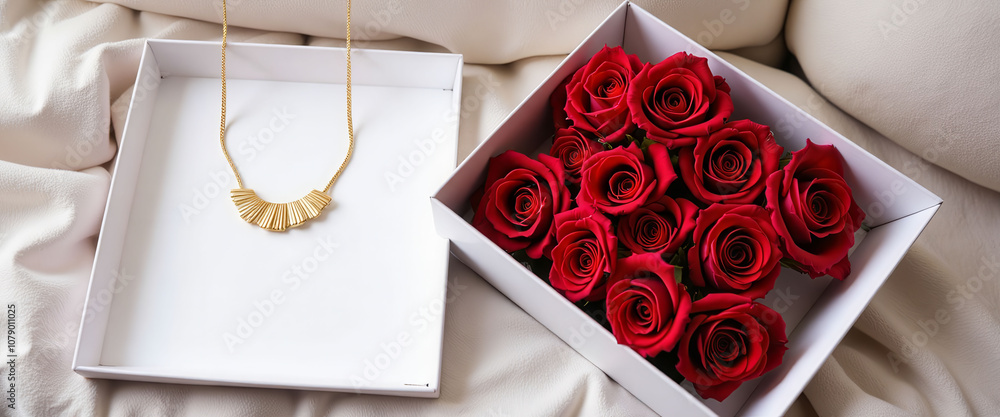 Poster a white box with red roses in it. the roses are arranged in a way that they are overflowing out of t