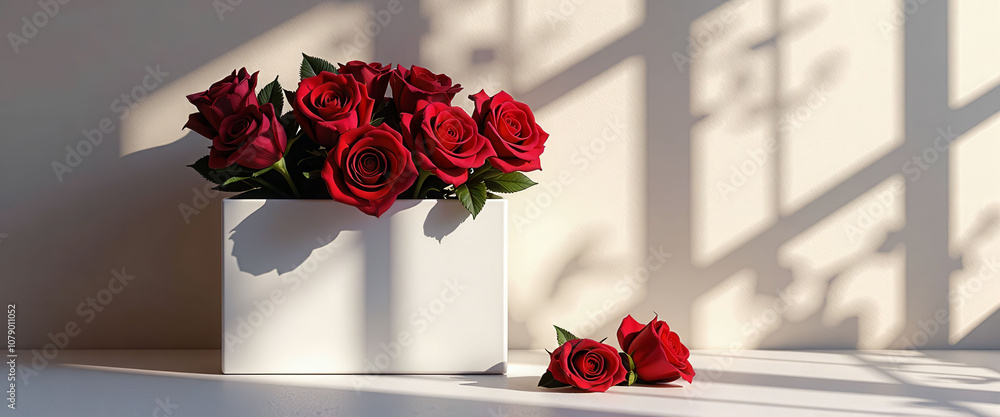 Poster a white box with red roses in it. the roses are arranged in a way that they are overflowing out of t