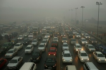 Heavy traffic congestion in a foggy urban area during early morning hours