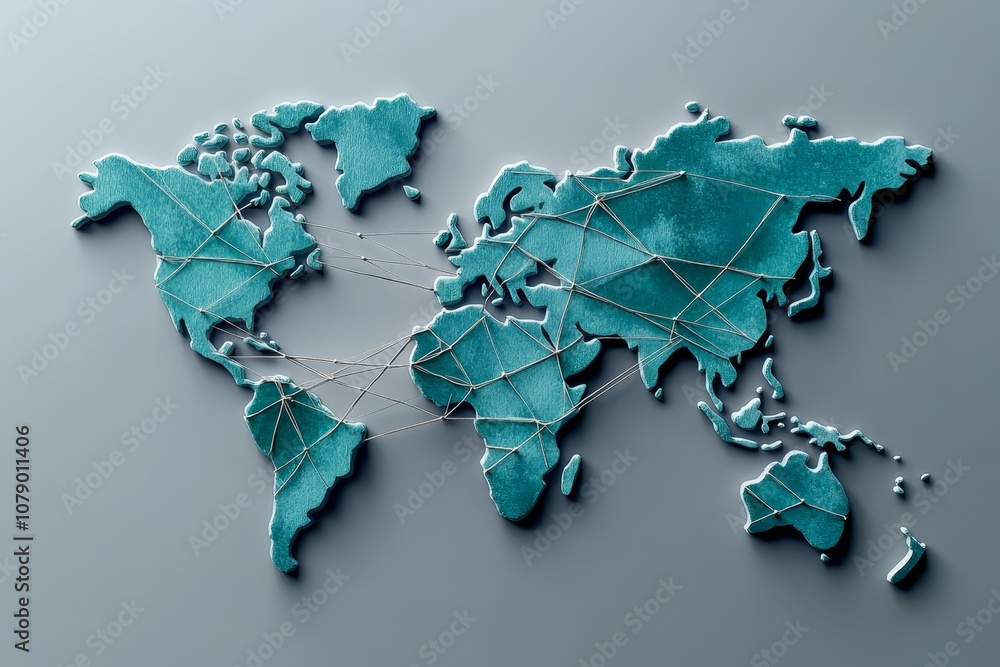 Poster Watercolor of a global network map with lines connecting continents, using soft blues and greens