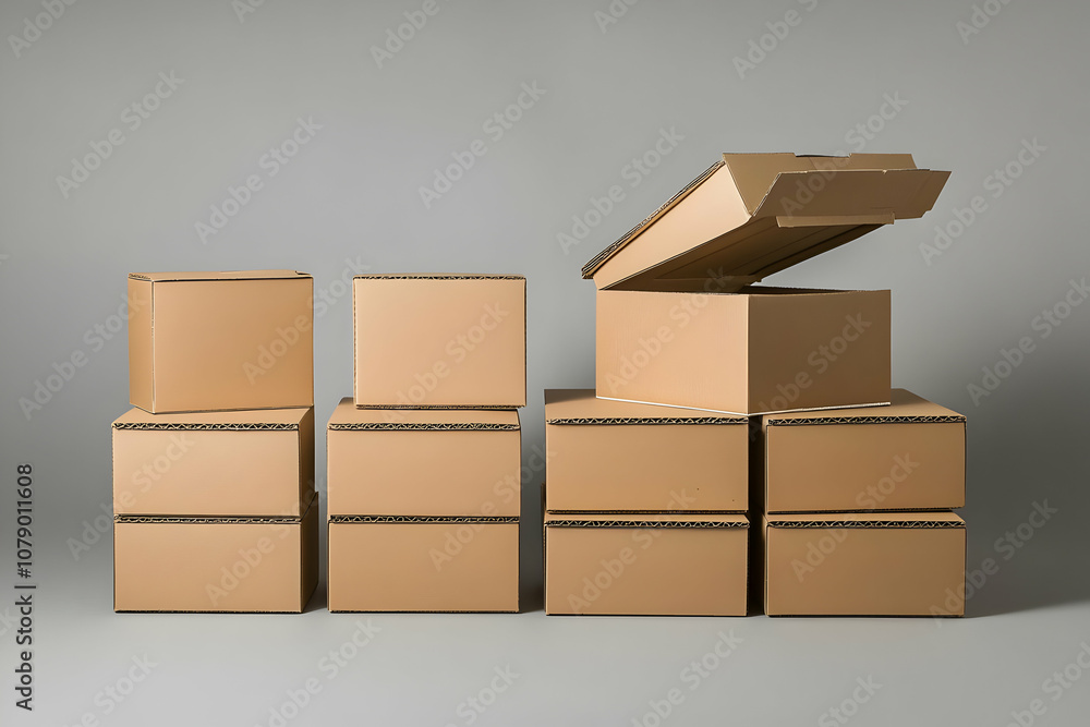 Aufkleber several brown cardboard boxes with one open and stacked in a row on a gray background.