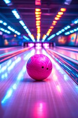 bowling ball and pins, ibrant neon bowling alley with colorful laser beams illuminating the surroundings, creating an immersive and energetic atmosphere for an action-packed bowling experience