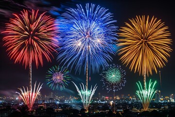 Fototapeta premium Colorful fireworks illuminate the night sky over a bustling city during a festive celebration
