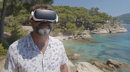 Man with VR headset enjoying a sunny day on a beautiful, rocky Mediterranean coastline.