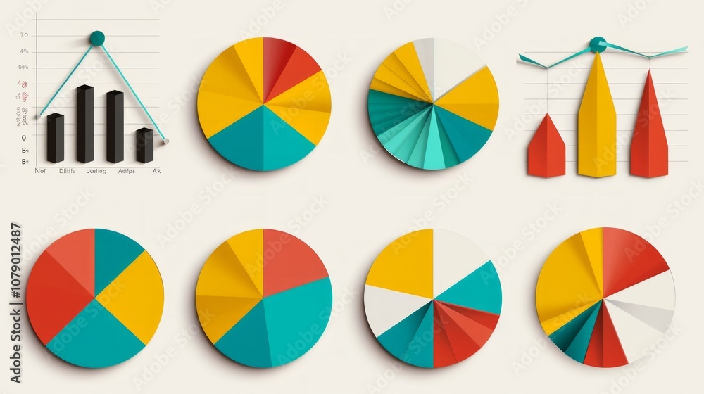 Poster set of colorful pie charts and bar graphs for business presentation.