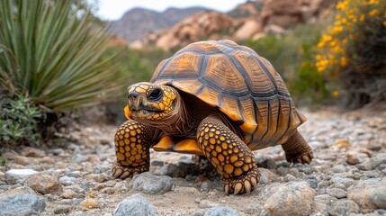 Obraz premium A close-up of a tortoise in a natural desert landscape.