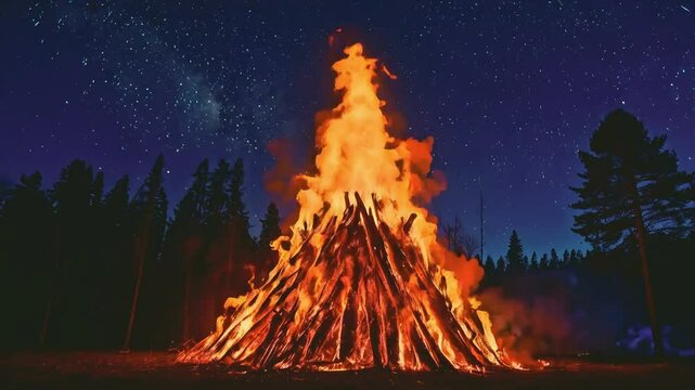 A large bonfire burns brightly against a backdrop of a starry night sky.