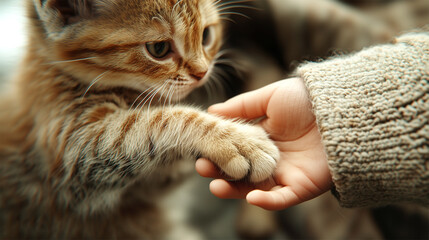 Tender moment between a young kitten and human hand in a warm, comforting setting
