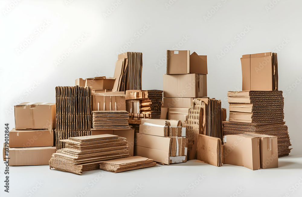 Poster stack of cardboard boxes and sheets on a white background.