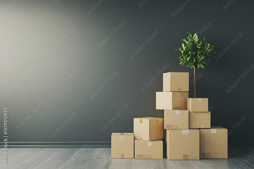 Poster stack of cardboard boxes in an empty room with a plant.