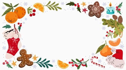 Christmas frame with tangerines, snowflakes, gingerbread, Santa hat, winter plants. Christmas border isolated on white. Design element for card, poster, text decoration. Vector illustration.