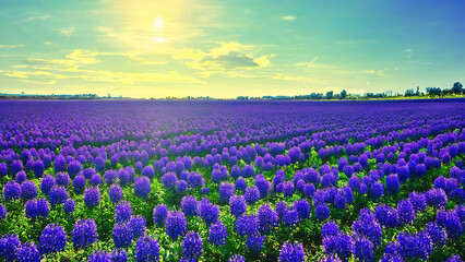 Fototapeta premium Lupin field at the end of the day with a veiled sun