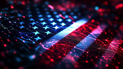 Futuristic USA flag with holographic texture, glowing neon red, white, and blue, ultra-realistic close-up, dark tech background, high-tech patriotic vibe