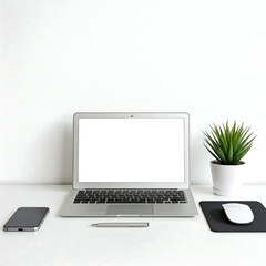 Fototapeta premium Minimalistic Workspace with Laptop, Green Leaf, and White Background for Modern Design and Branding Presentation