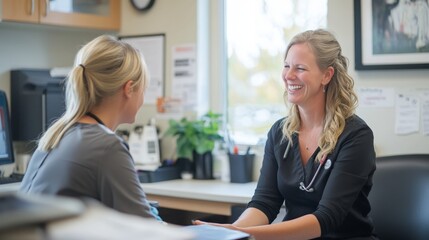 Two Healthcare Professionals Engaging in a Friendly Conversation in a Modern Medical Office Setting, Highlighting Compassion and Support in Patient Care