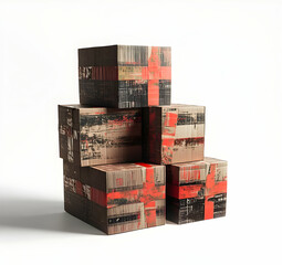 Stack of cardboard boxes with red and black tape, isolated on white background.