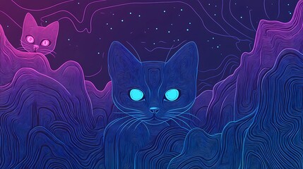 Neon-lit cyberpunk cat design over a dark textured surface, blending high-contrast lights and synthetic patterns for a tech-focused visual impact