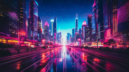Fototapeta premium Perspective view of a futuristic city at night