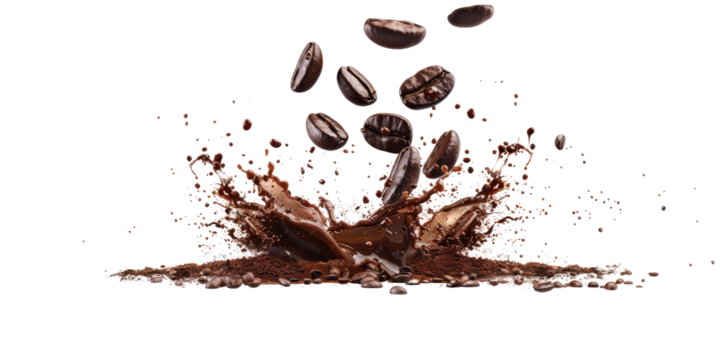 Coffee beans and powder bursting in mid-air with dynamic motion, food and beverage themes. Cut out or PNG.