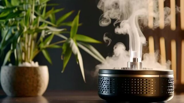 A modern essential oil diffuser with a wooden background emitting a plume of white smoke.