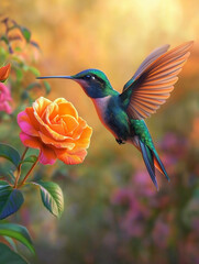 Fototapeta premium Colorful Hummingbird Hovering Near Vibrant Orange Rose Blossom. The scene captures the beauty and grace of nature in vivid detail.
